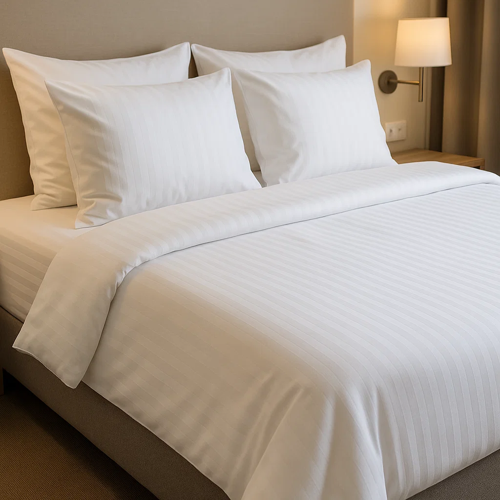 Elegante weiße Bettwäsche mit dezentem Streifenmuster auf einem gemachten Bett mit vier Kissen in einem stilvollen Schlafzimmer.